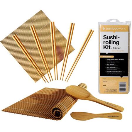 Sushi Making Kit, Delamu Bamboo Sushi Mat, Including 2 Sushi Rolling Mats, 5 Pairs of Chopsticks, 1 Paddle, 1 Spreader, 1 Beginner Guide PDF, Roll On, Beginner Sushi Kit